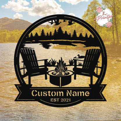Personalized Campsite Lake Scene Metal Sign